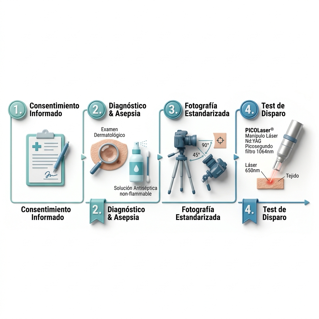 Infografía secuencial de 4 pasos para el protocolo clínico pre-tratamiento