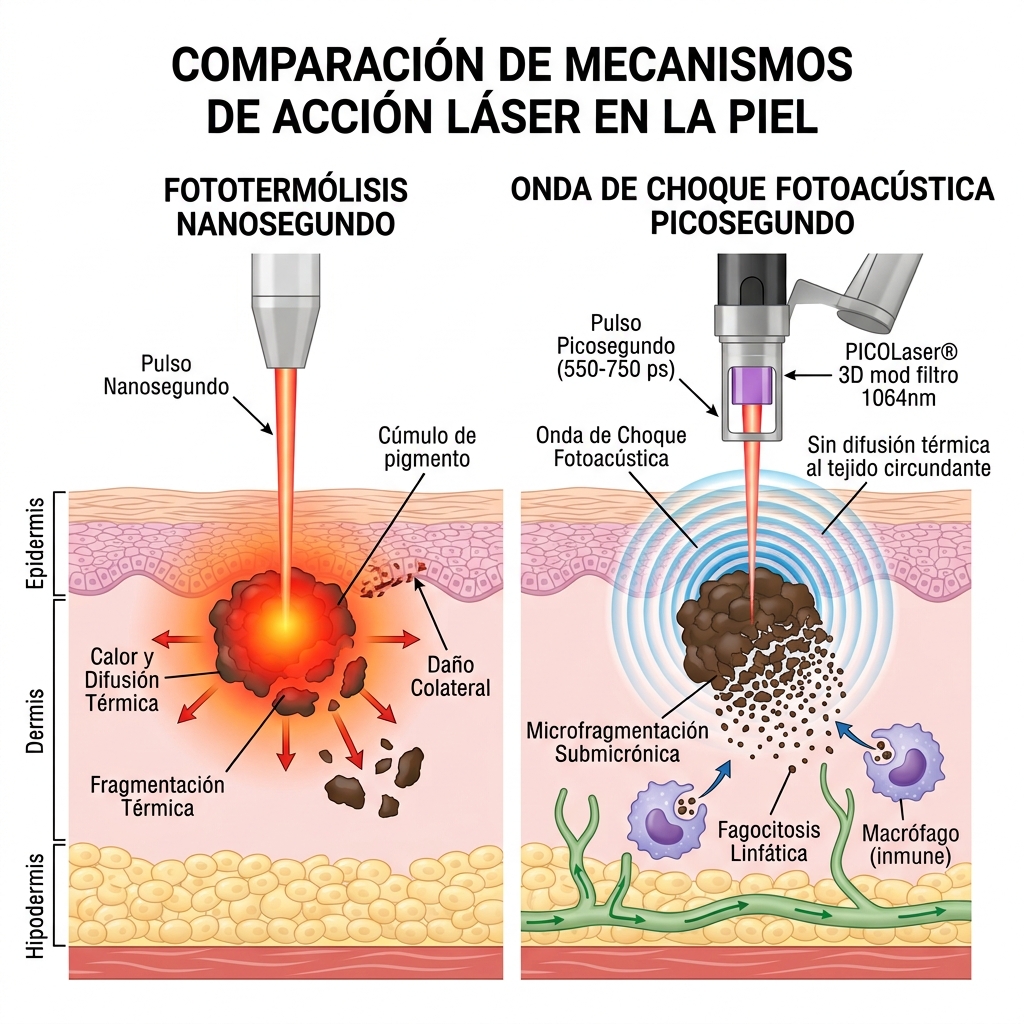 Diagrama biofísico del efecto fotoacústico y fragmentación submicrónica en picosegundos