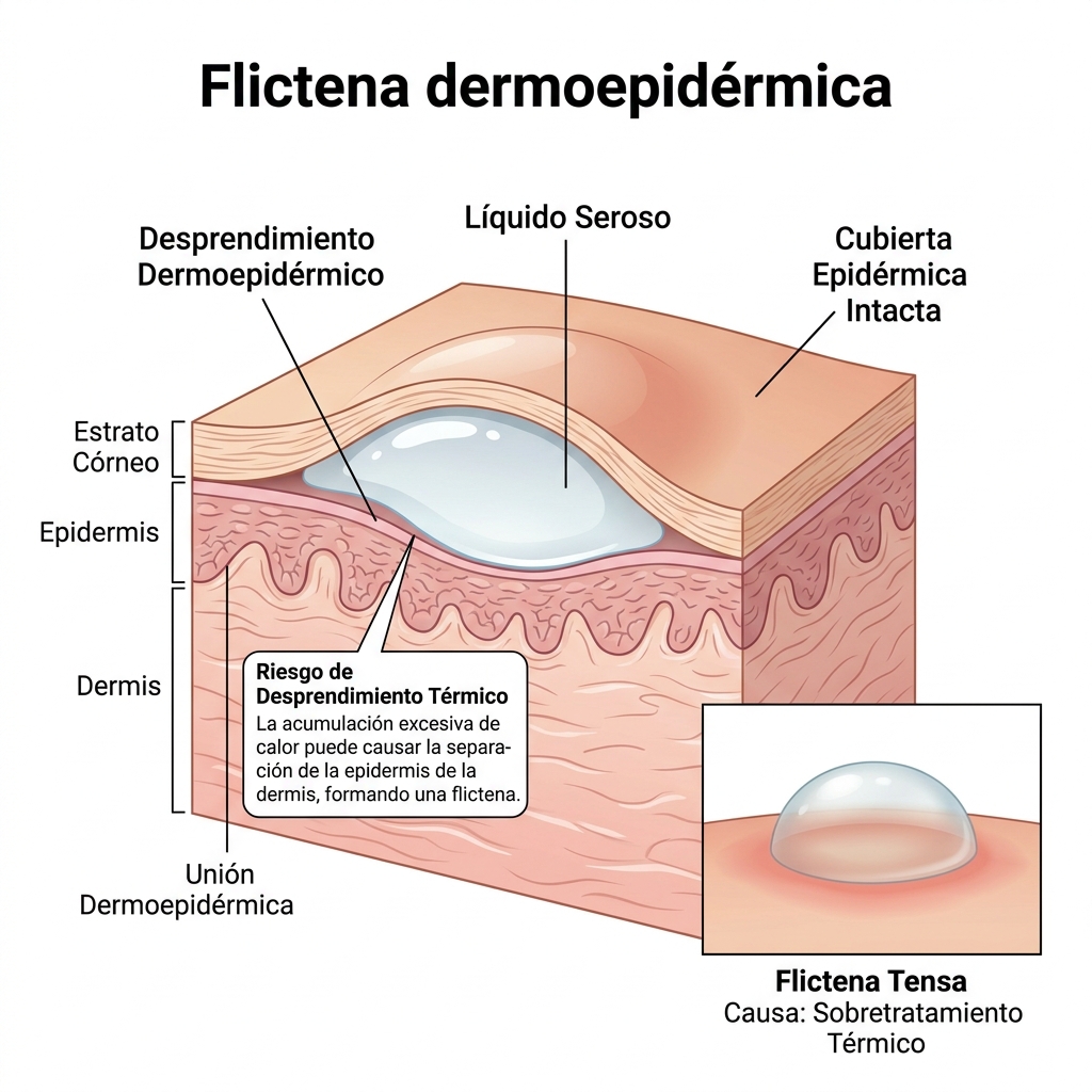 Ilustración clínica y anatómica comparativa de la formación de flictenas y ampollas por sobreexposición térmica o dermoepidérmica.