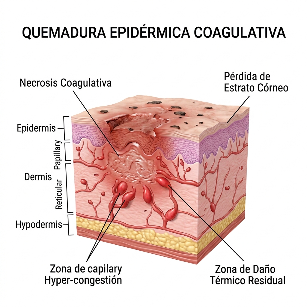 Diagrama de una quemadura epidérmica coagulativa con costra necrótica por acumulación de calor excesivo.