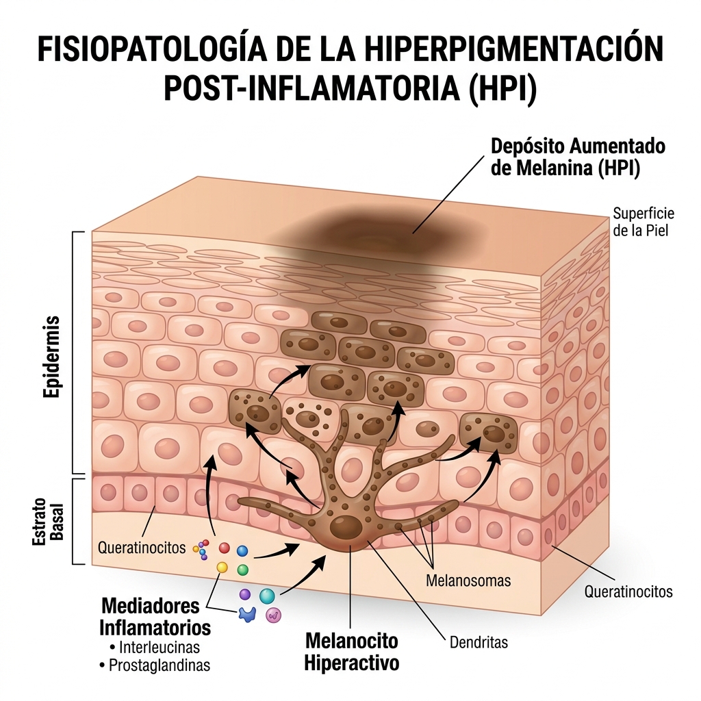 Diagrama celular de la cascada melanogénica que conduce a la Hiperpigmentación Posinflamatoria (HPI).