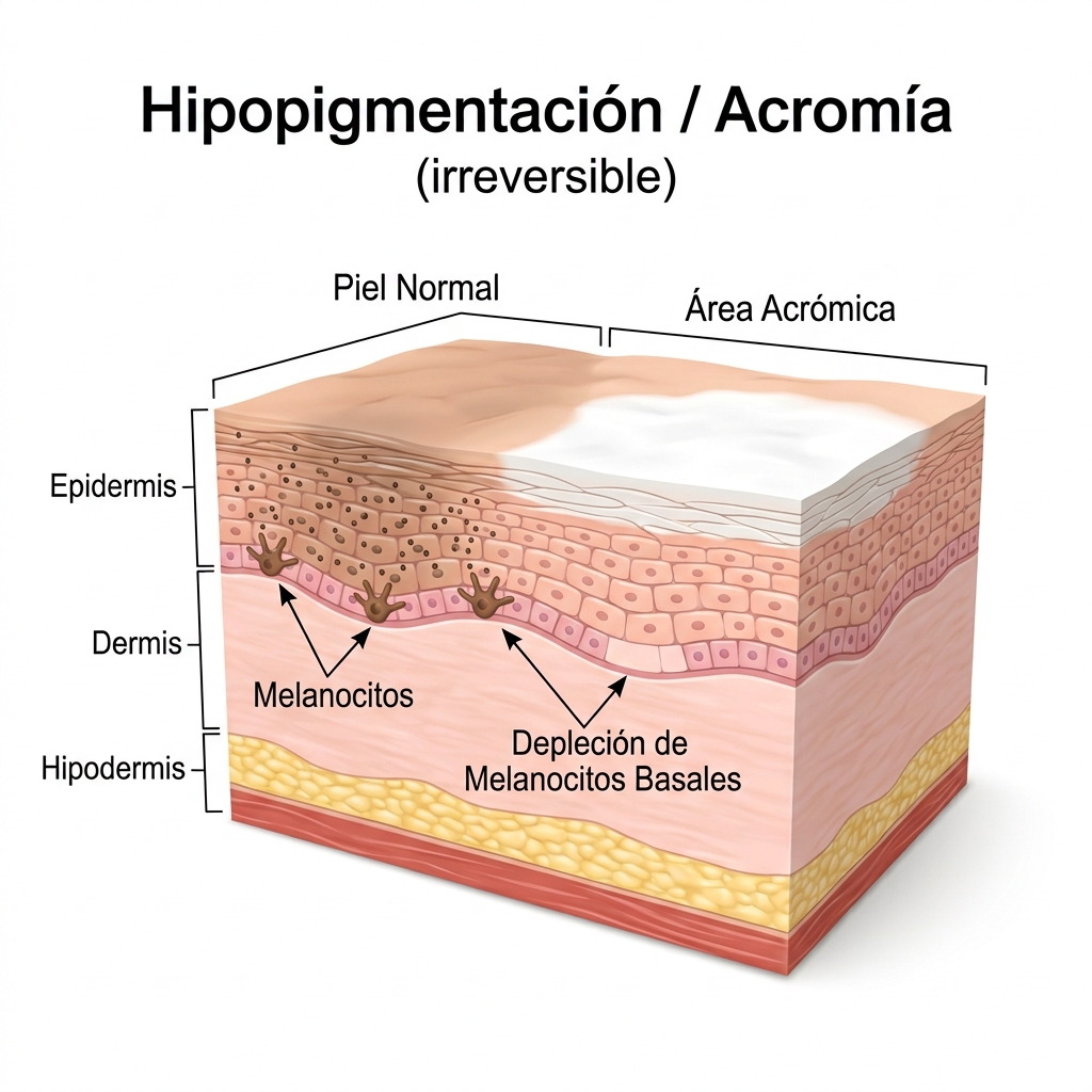 Diagrama histológico que muestra la destrucción melanocítica y la zona acrómica despigmentada.