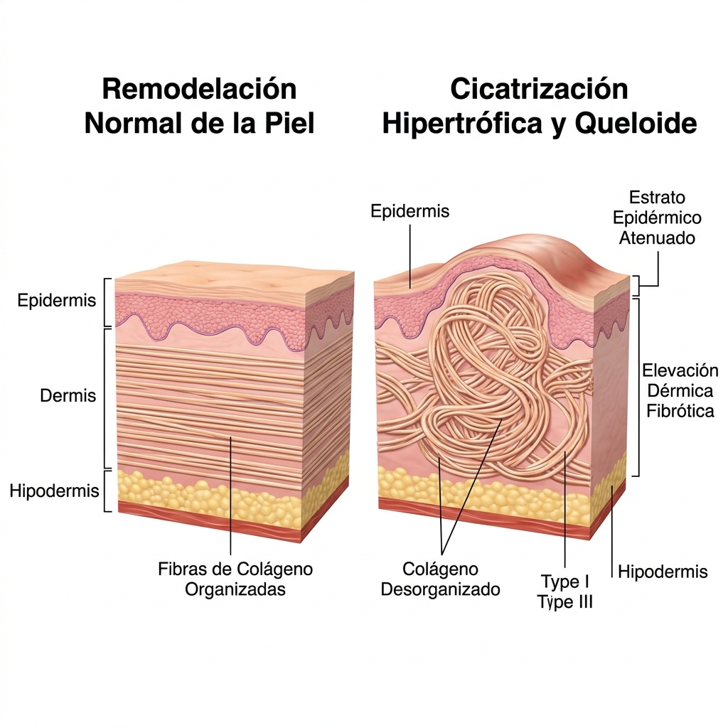 Diagrama de corte de piel mostrando la formación de tejido fibroso y colágeno desorganizado en cicatriz hipertrófica/queloide.
