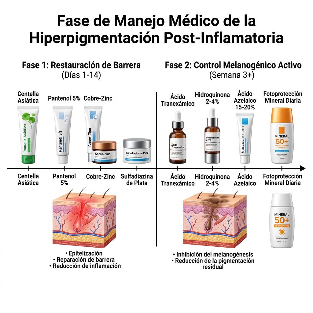Línea de tiempo terapéutica escalonada para el manejo de HPI: Fase de Epitelización y Fase de Control Melanogénico.