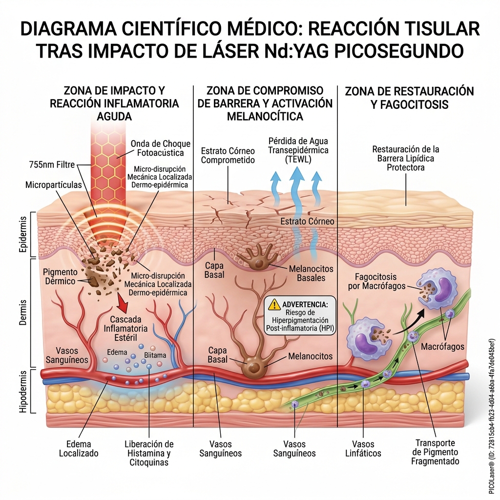 Diagrama de la cascada fisiopatológica y respuesta celular tras el impacto fotoacústico del láser de picosegundos.