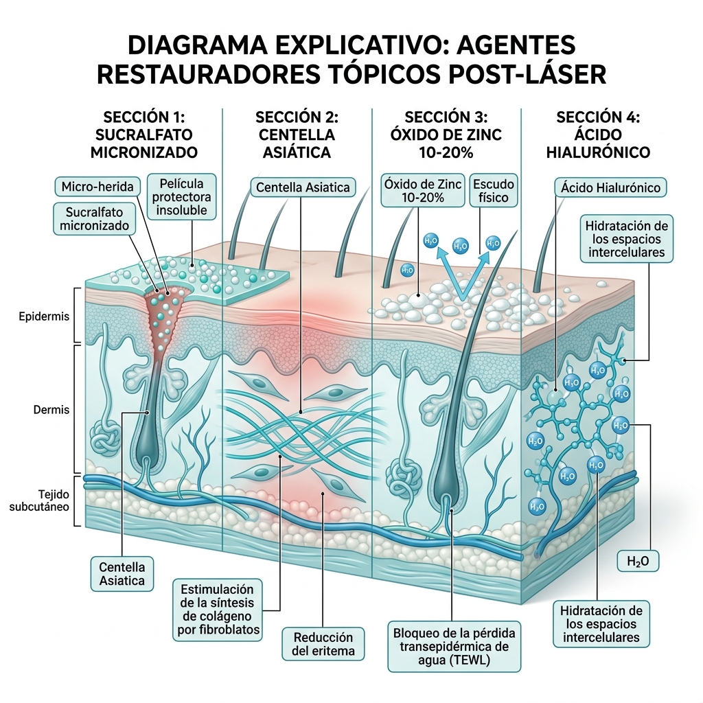 Infografía de formulaciones tópicas reparadoras y sellado biológico de la barrera cutánea.