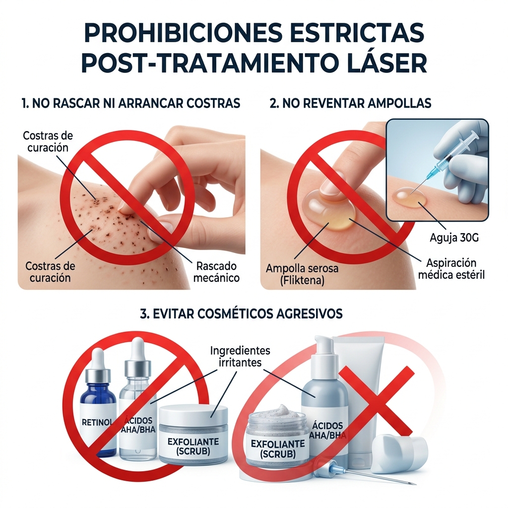 Guía visual de prohibiciones domiciliarias post-láser (no raspar costras, no romper ampollas, suspender ácidos).