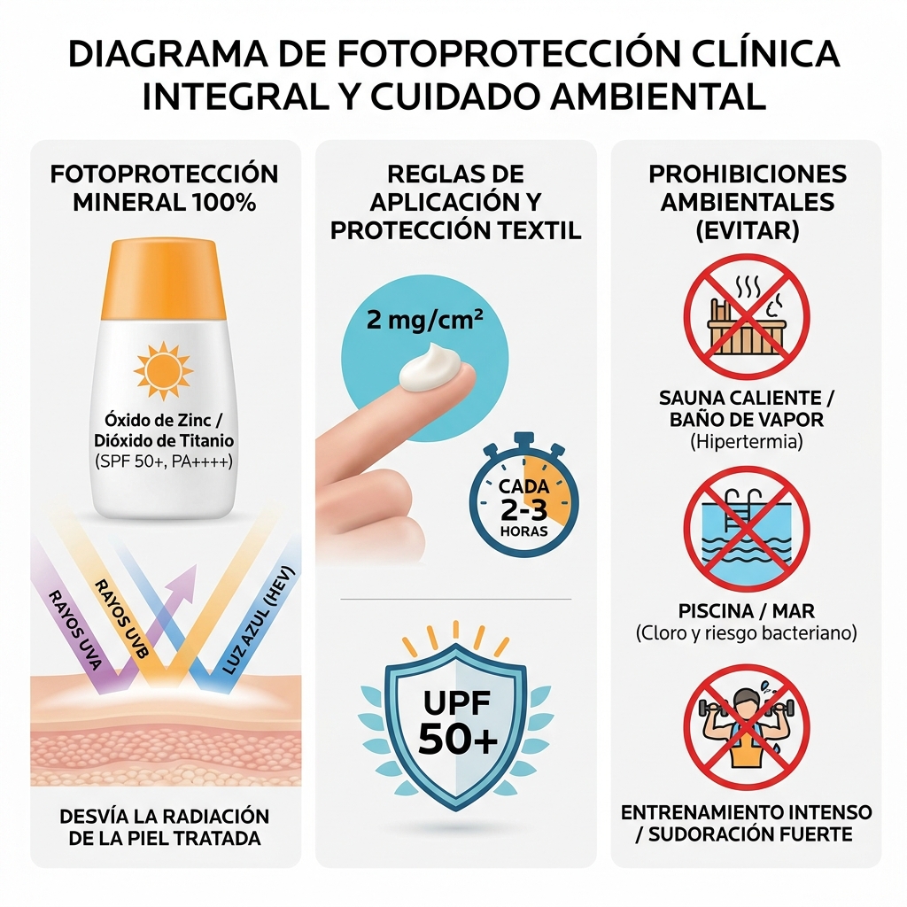 Infografía del régimen de fotoprotección mineral y restricciones térmicas/ambientales.