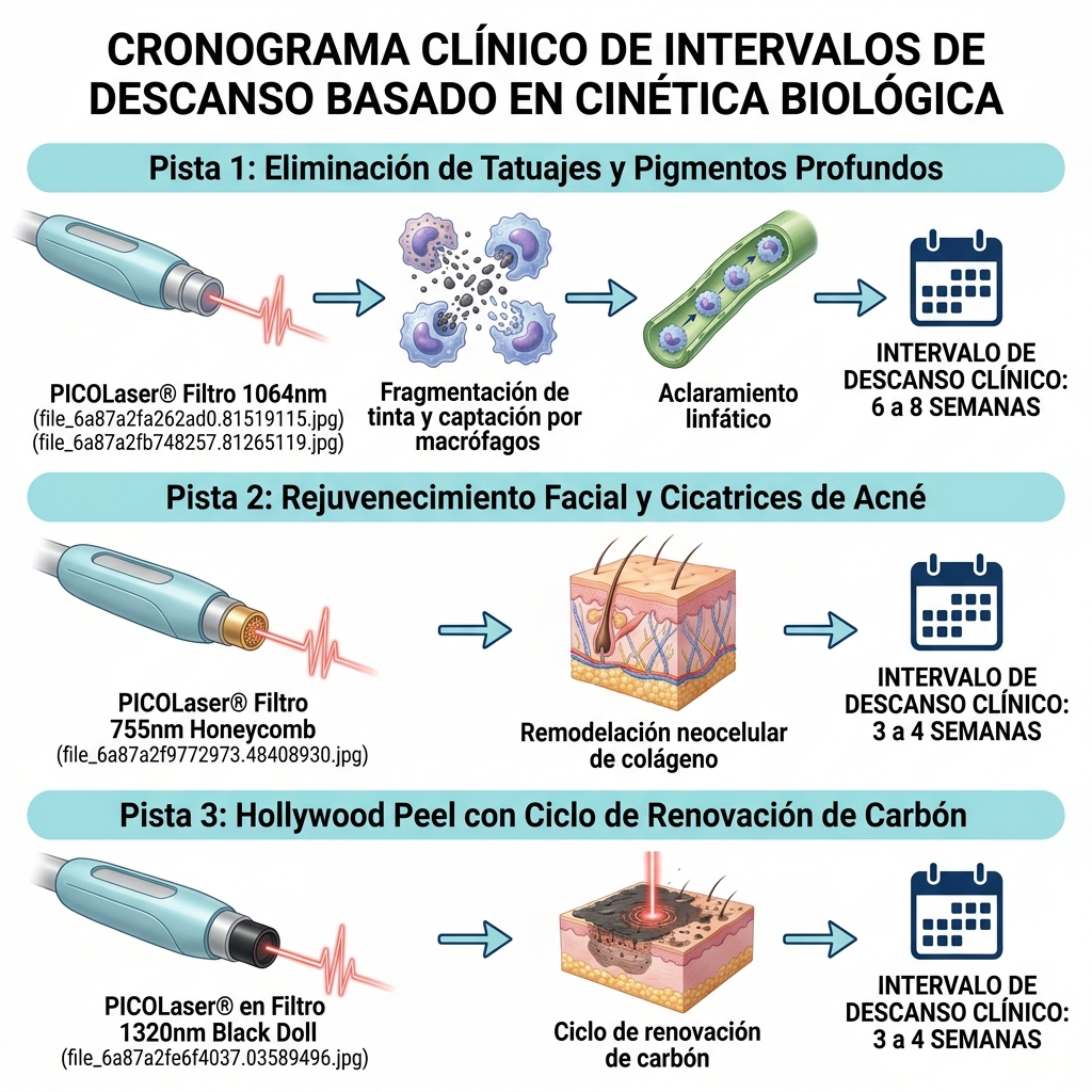 Cronograma y línea de tiempo biológica de intervalos entre sesiones según tratamiento clínico.