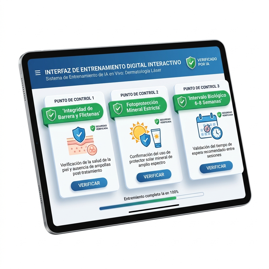 Esquema interactivo de checkpoints didácticos y verificación de seguridad del operador.