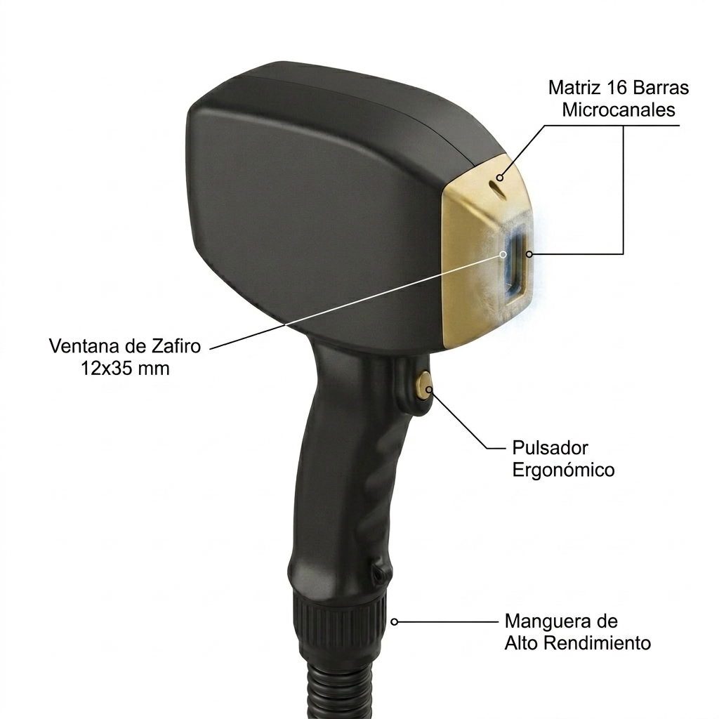 Detalle en primer plano activo y despiece técnico del cabezal aplicador de 4 cm²