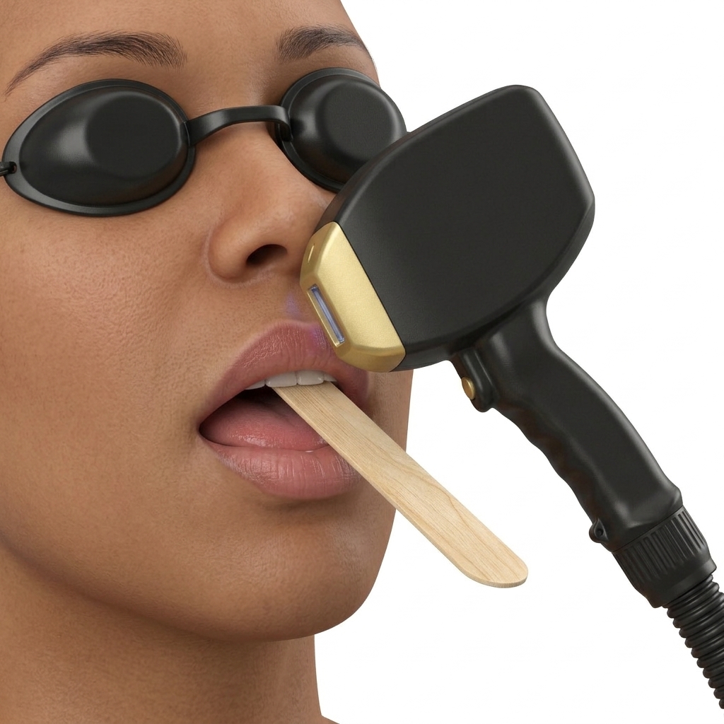 Maniobra con depresor lingual y posicionamiento perpendicular en labio superior.