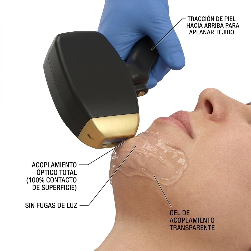 Técnica de tracción ascendente sobre plano mandibular con cabezal láser.