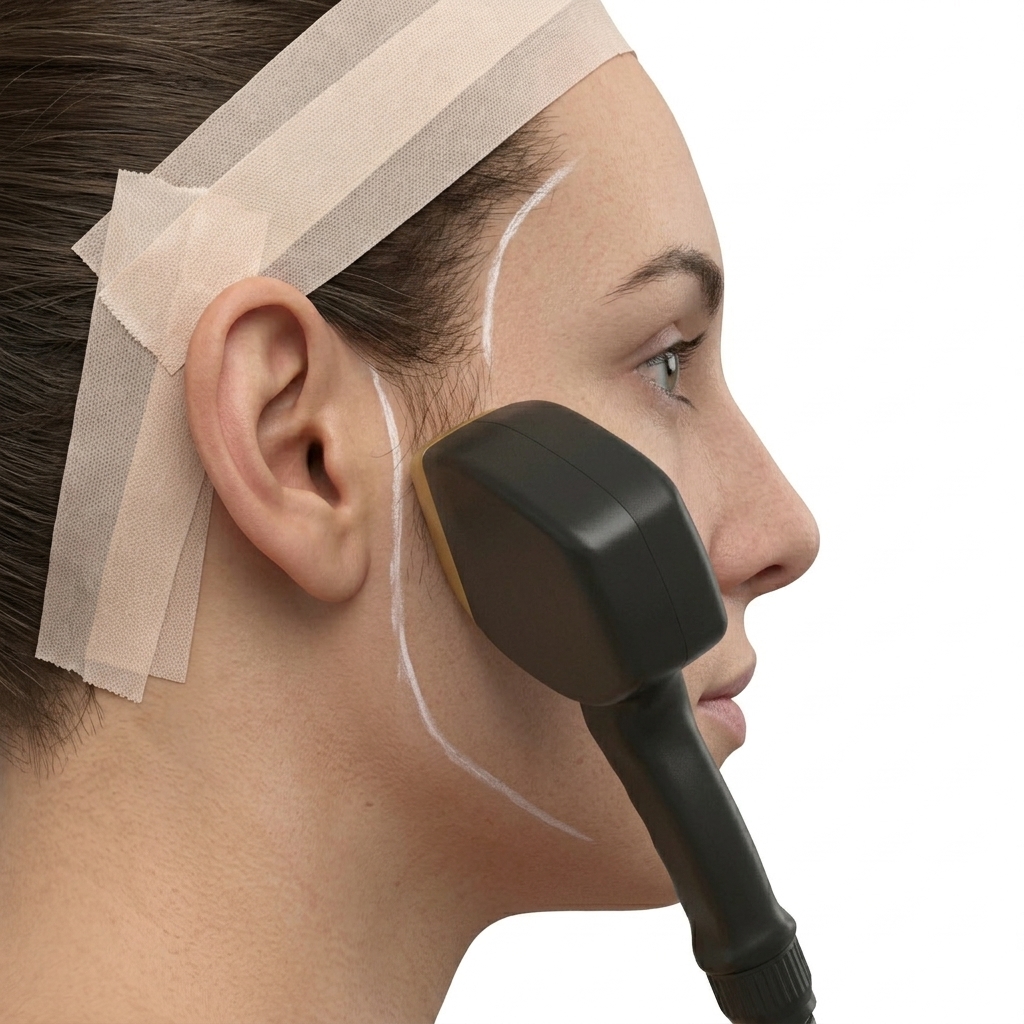 Delimitación con lápiz blanco y protección capilar con cinta médica en patillas.