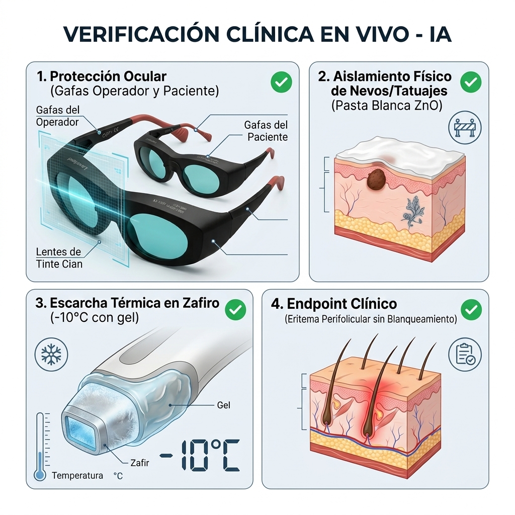 Checklist visual de los 4 puntos de verificación de seguridad clínica antes y durante el disparo.