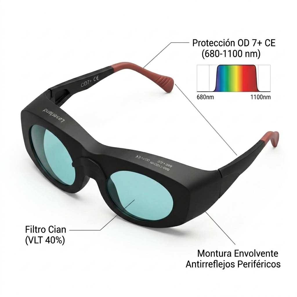 Gafas de protección del operador con detalles técnicos de filtrado