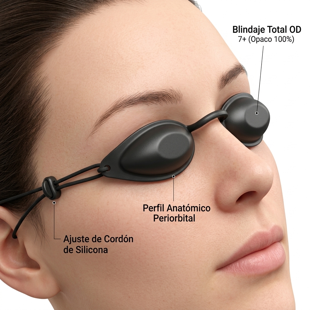 Lentes protectores opacos del paciente colocados en posición clínica