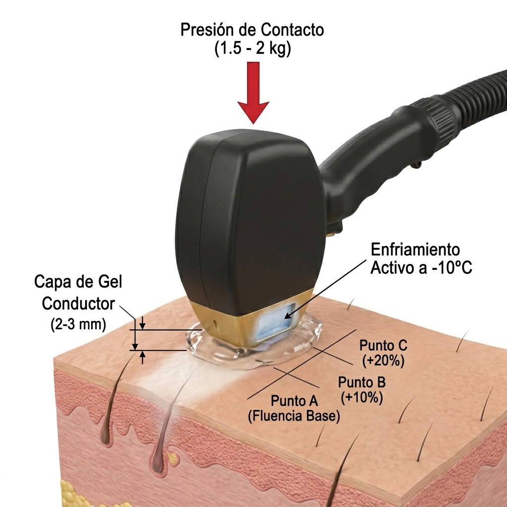 Manípulo en contacto con compresión y gel conductor para prueba escalonada