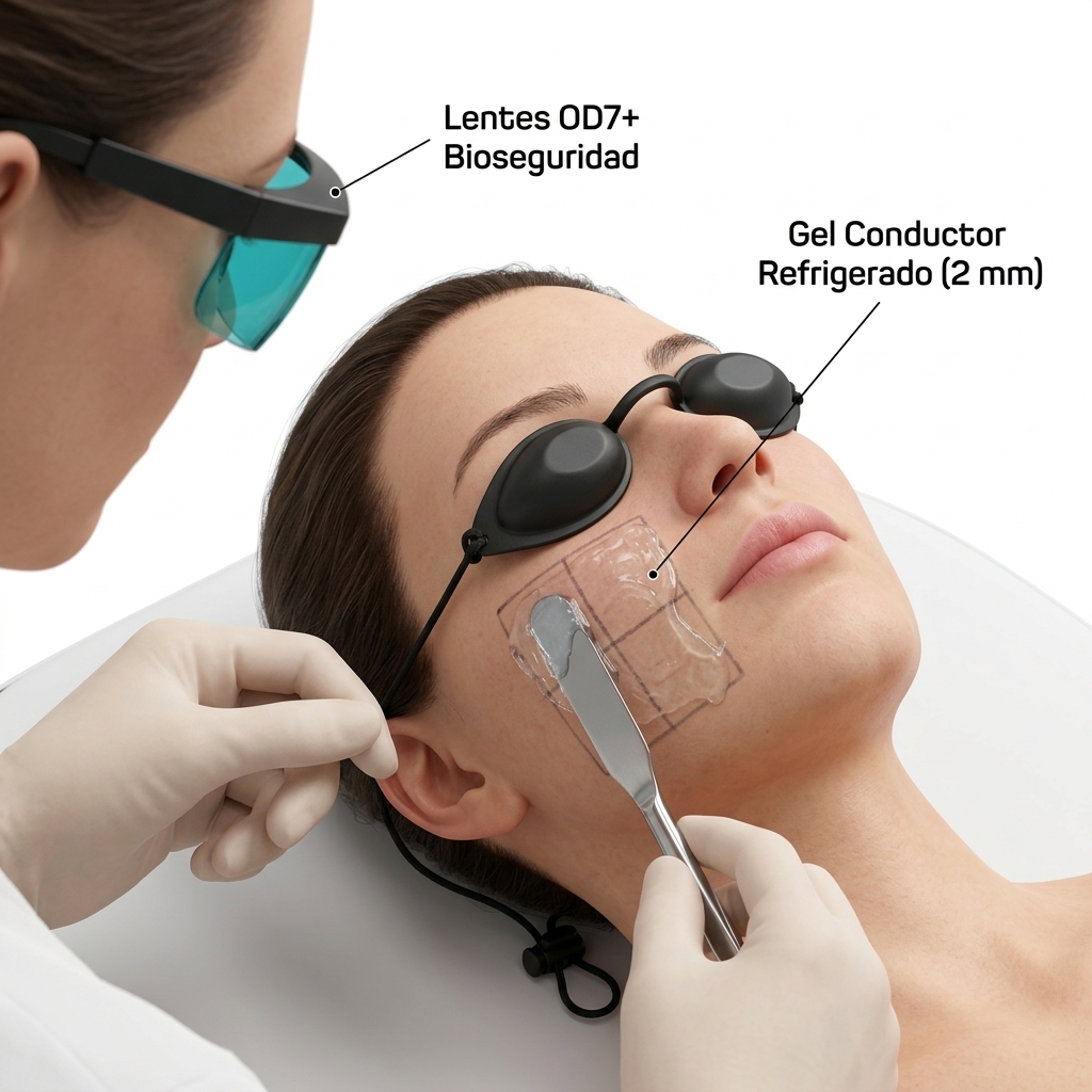 Ilustración de bioseguridad con colocación de gafas de protección láser y aplicación de capa de gel conductor refrigerado.