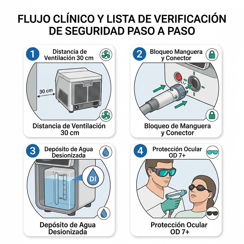 Guía de verificación inicial de seguridad previa al encendido y protocolo clínico