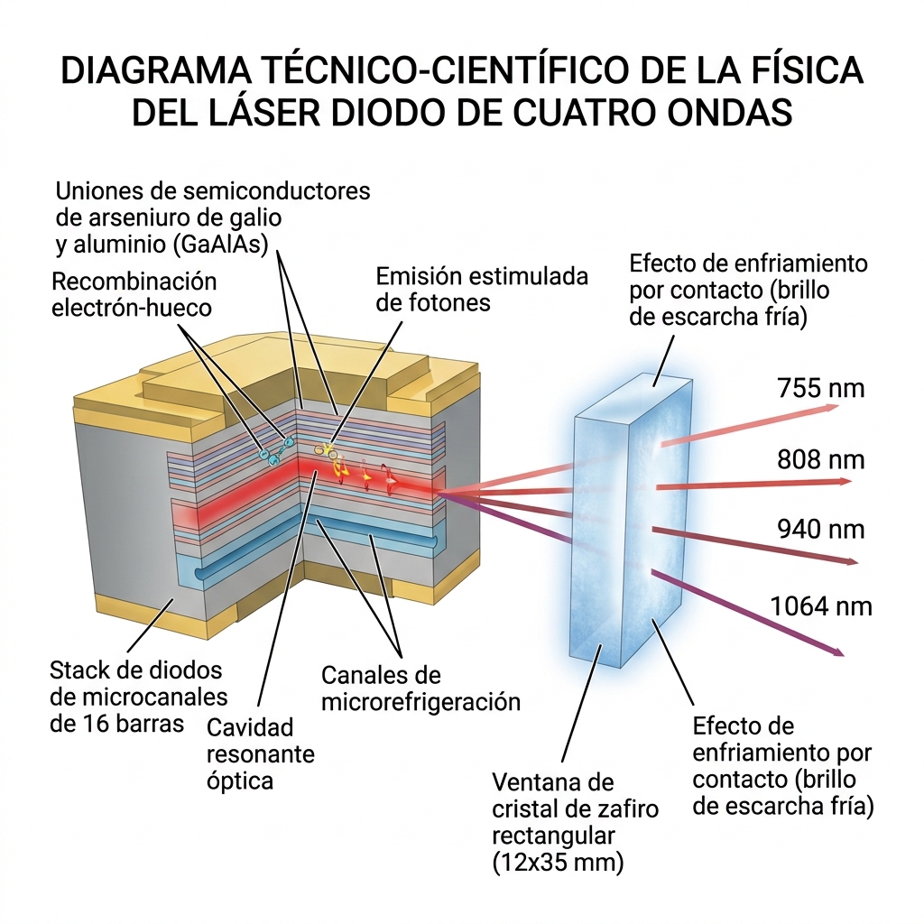 Diagrama de física cuántica y óptica del módulo de diodos de 16 barras y emisión simultánea de 4 longitudes de onda