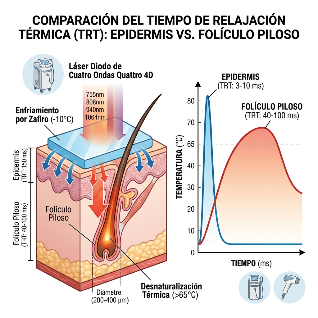 Gráfico de cinética térmica comparativa entre epidermis y folículo piloso con protección por enfriamiento