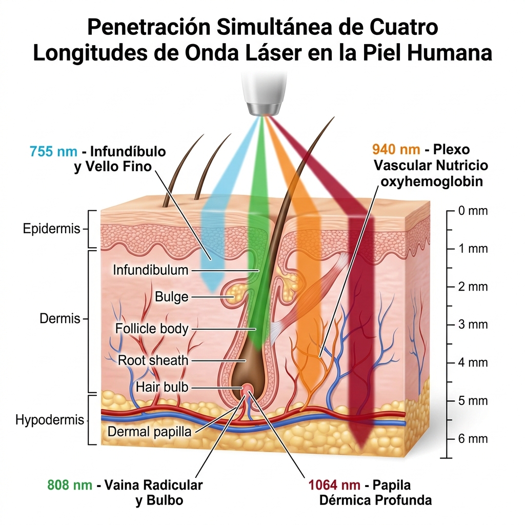 Diagrama de penetración dérmica multicapa de las 4 longitudes de onda en un solo disparo óptico