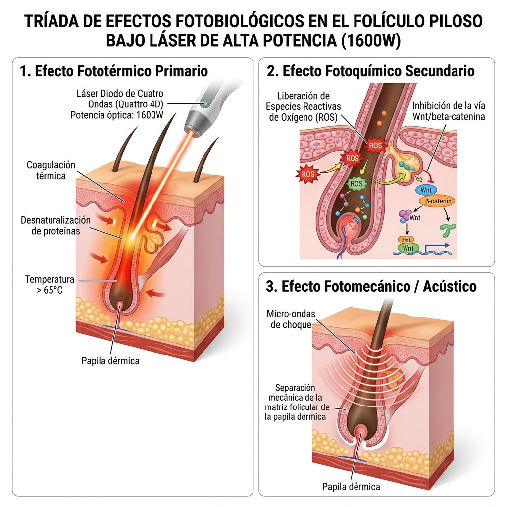 Infografía de la tríada de efectos: fototérmico, fotoquímico y fotomecánico en el folículo