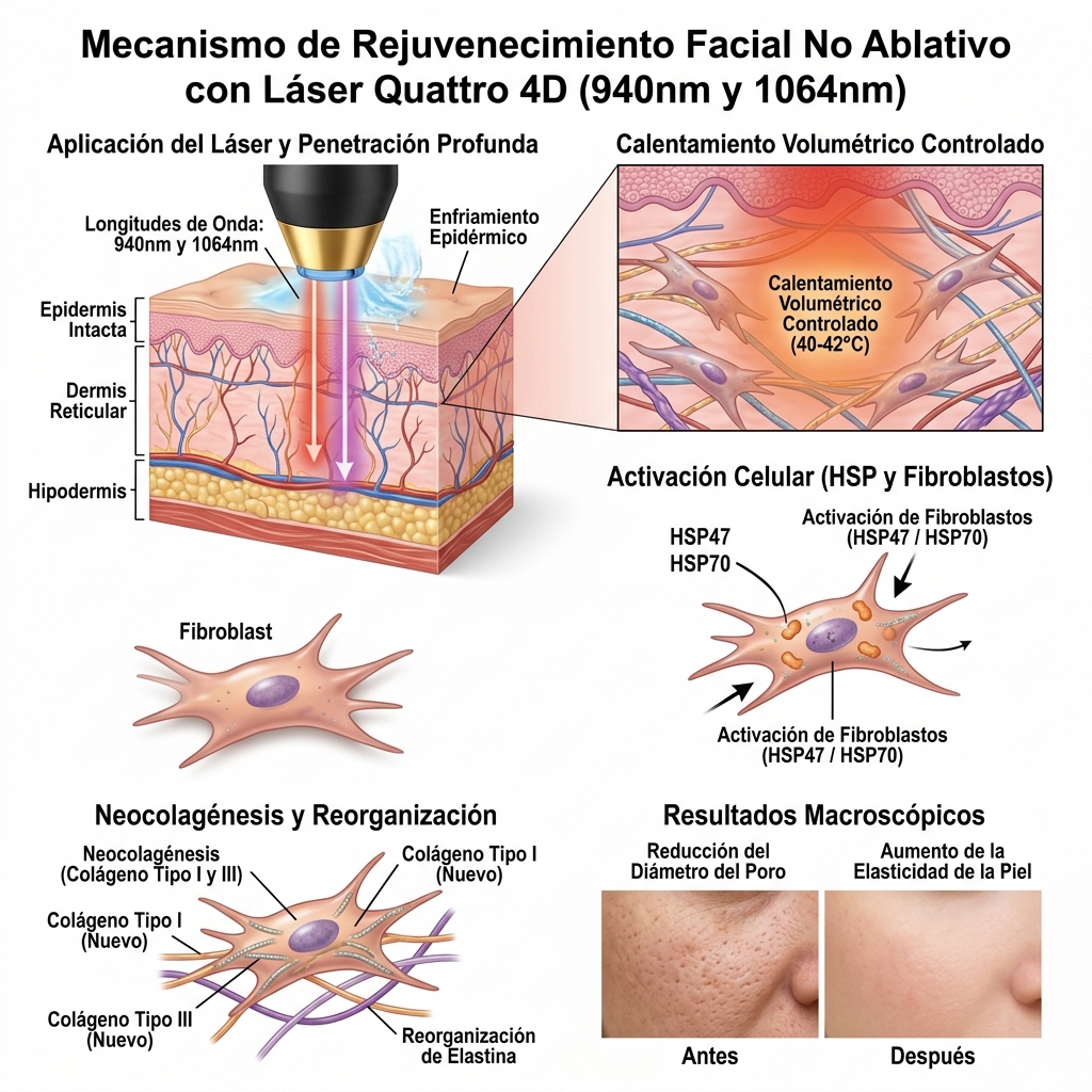 Diagrama del mecanismo dérmico no ablativo y estimulación de colágeno (HSP47/HSP70)