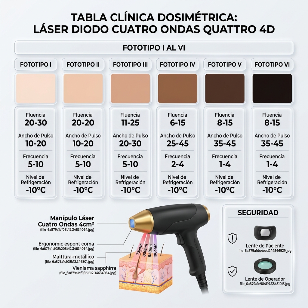 Tabla gráfica dosimétrica de los fototipos Fitzpatrick I al VI con fluencias y anchos de pulso