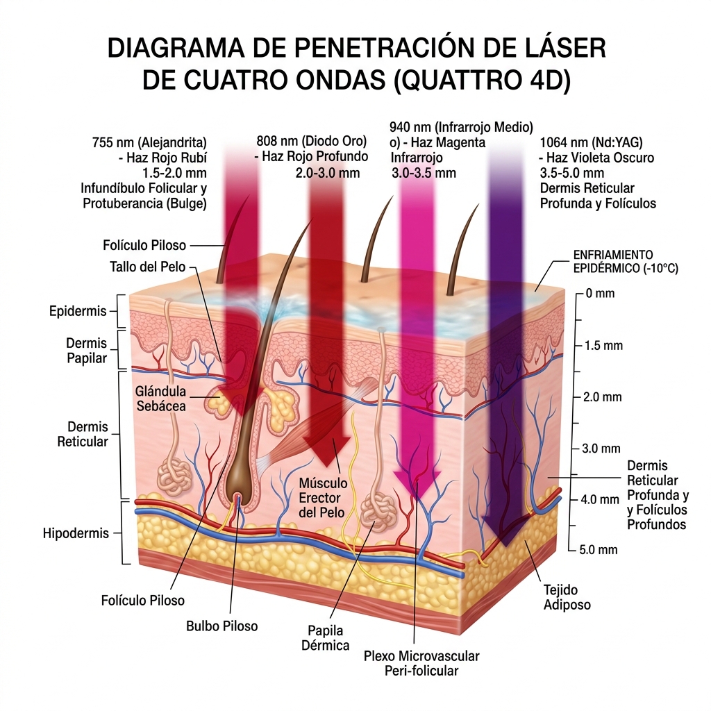 Diagrama de penetración dérmica de las cuatro longitudes de onda ópticas (755nm, 808nm, 940nm y 1064nm) sobre la anatomía de la piel y el folículo.