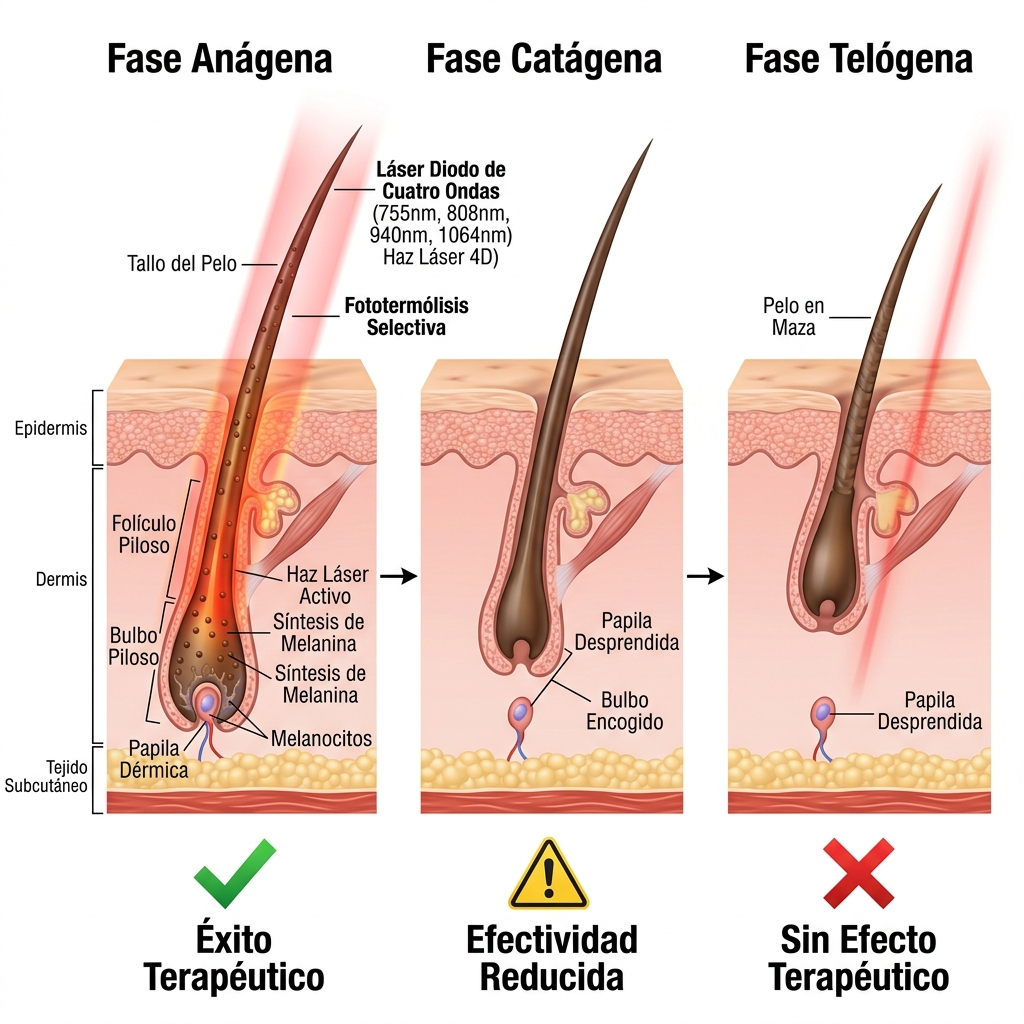 Infografía comparativa de las fases del ciclo folicular (Anágena, Catágena y Telógena) y su receptividad a la fototermólisis láser.
