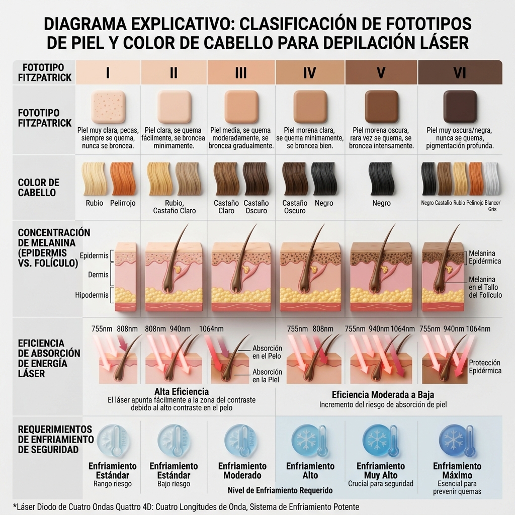 Tabla gráfica de evaluación de fototipos Fitzpatrick I al VI frente a tipos de vello y absorción de melanina.