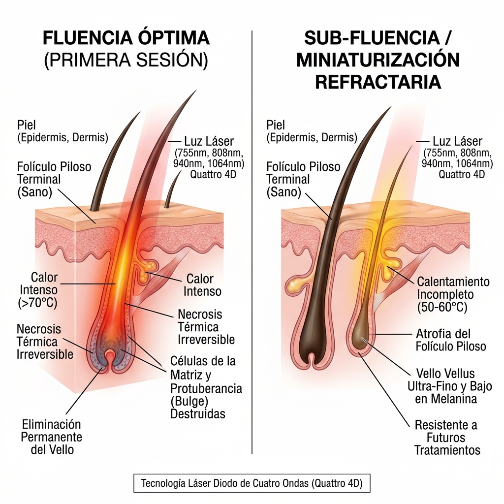 Esquema fisiopatológico de la miniaturización folicular refractaria por fluencia subóptima frente a coagulación completa.