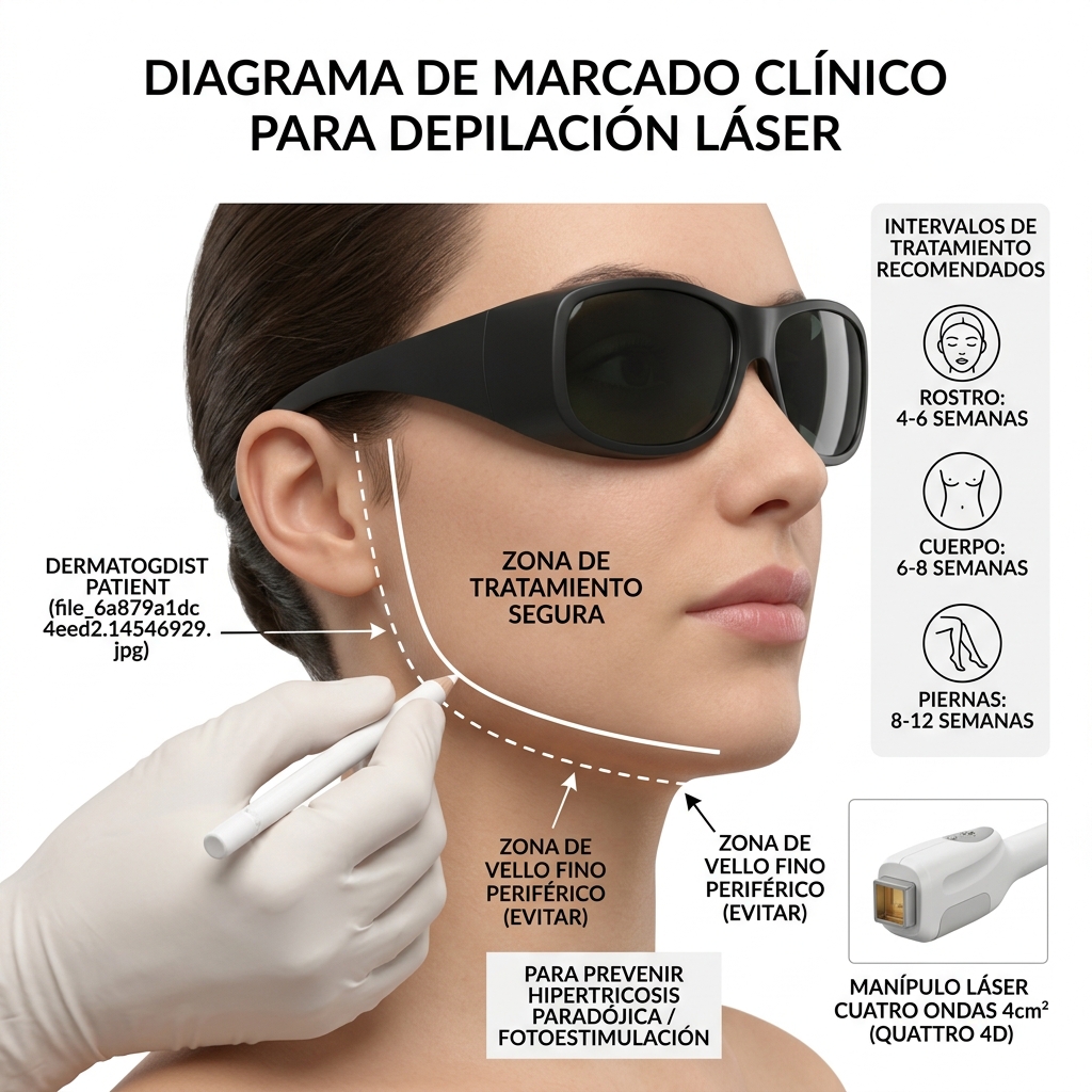 Diagrama de delimitación anatómica con lápiz blanco para prevención del efecto paradójico en zonas faciales y corporales.