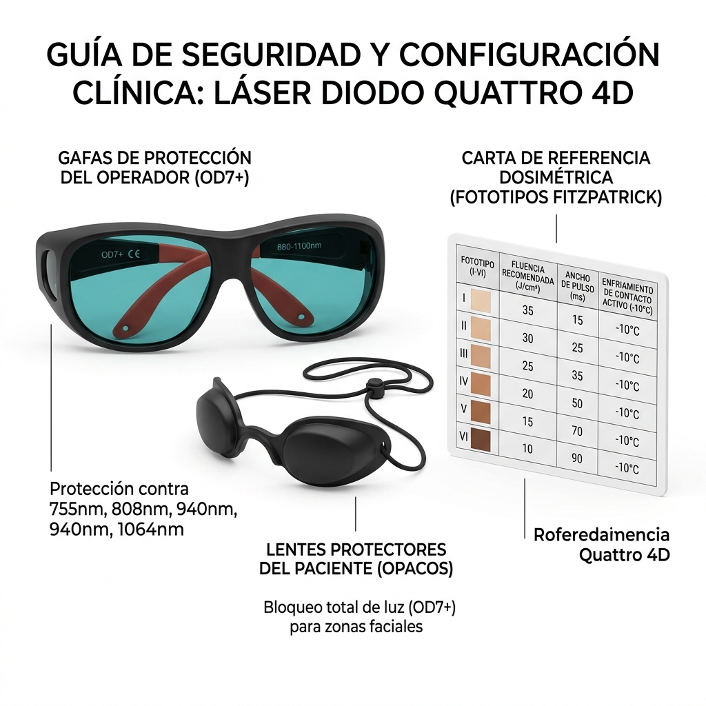 Guía visual de seguridad y dosimetría por fototipo mostrando uso de gafas de protección láser y ajuste dosimétrico.
