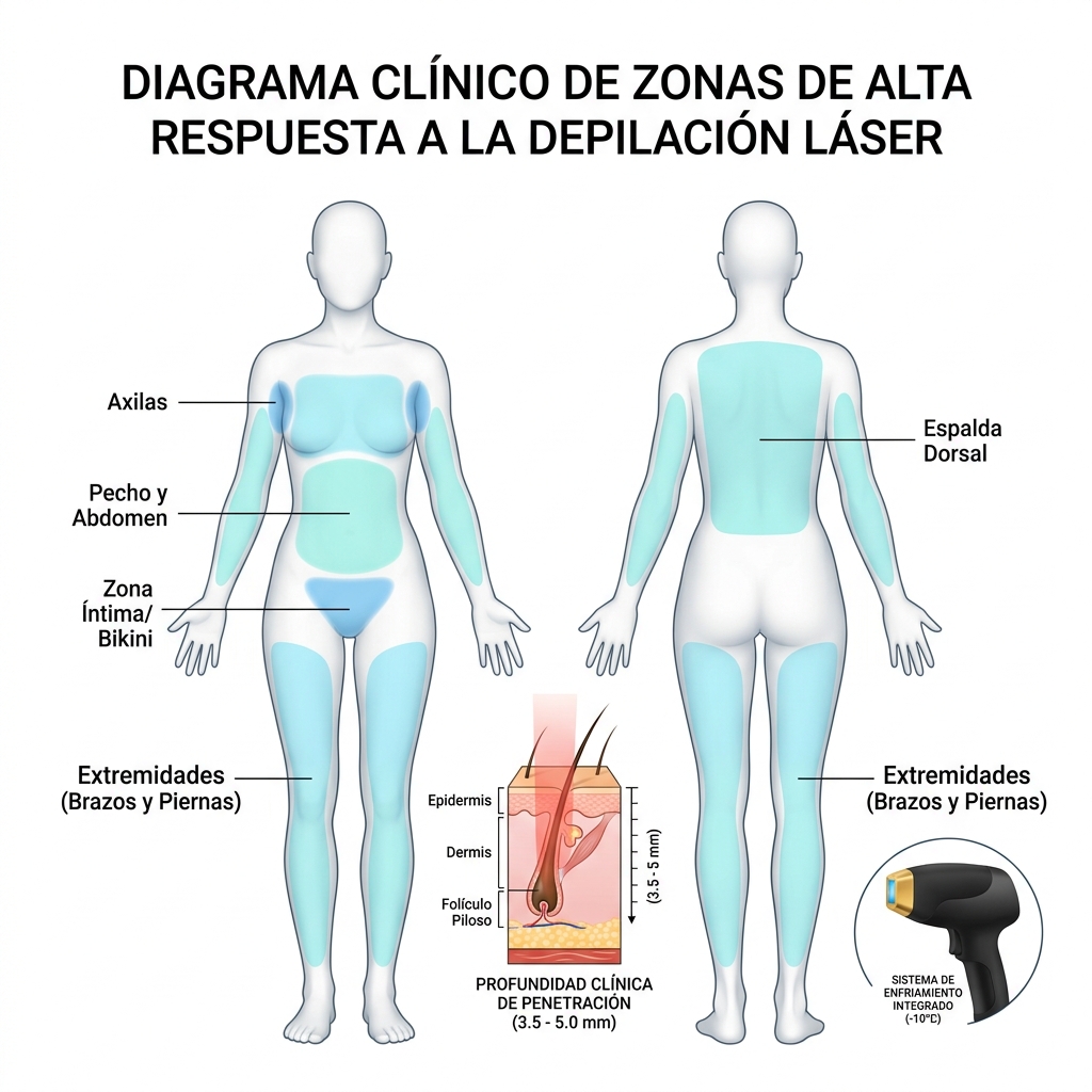 Cartografía anatómica corporal de zonas de alta respuesta para depilación láser.