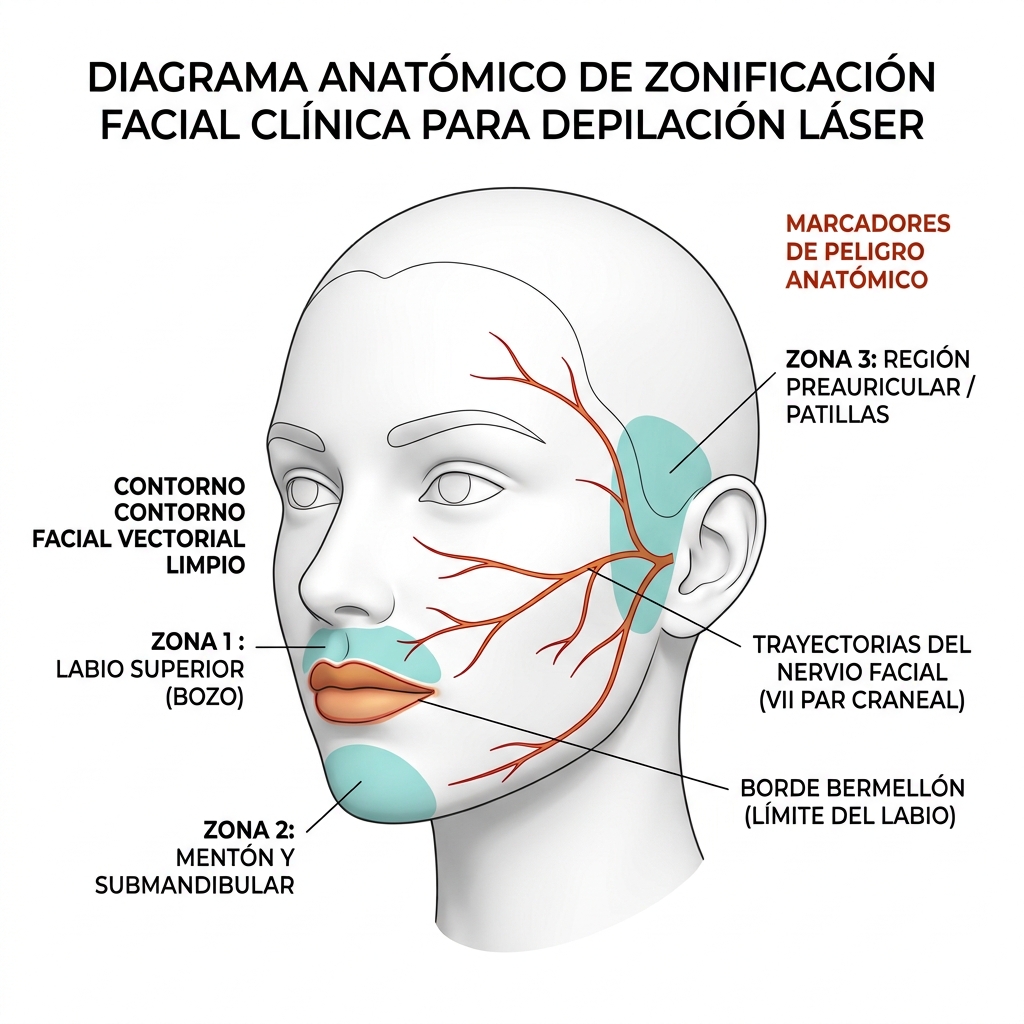 Diagrama de segmentación facial clínica para fotodepilación.