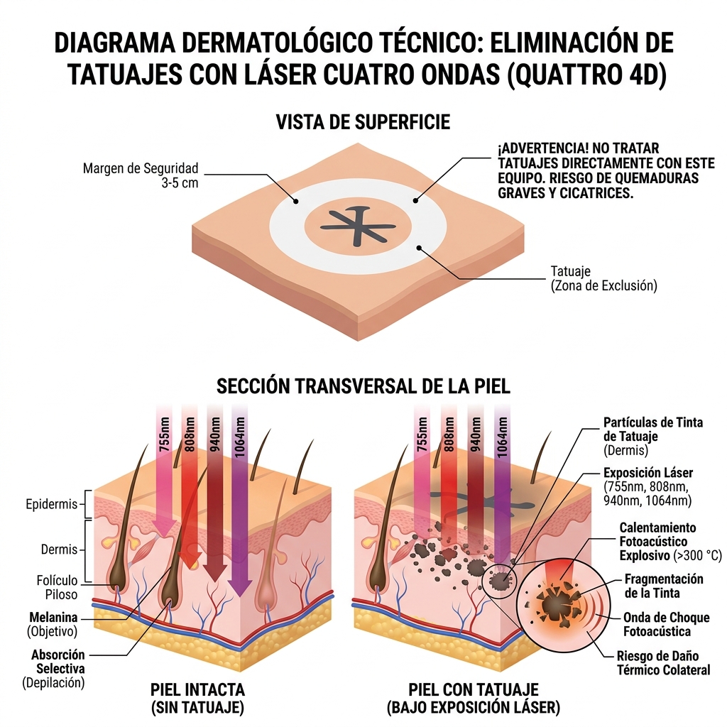 Esquema de efecto fotoacústico/estallido térmico en tatuajes y zona de exclusión de 3-5 cm.