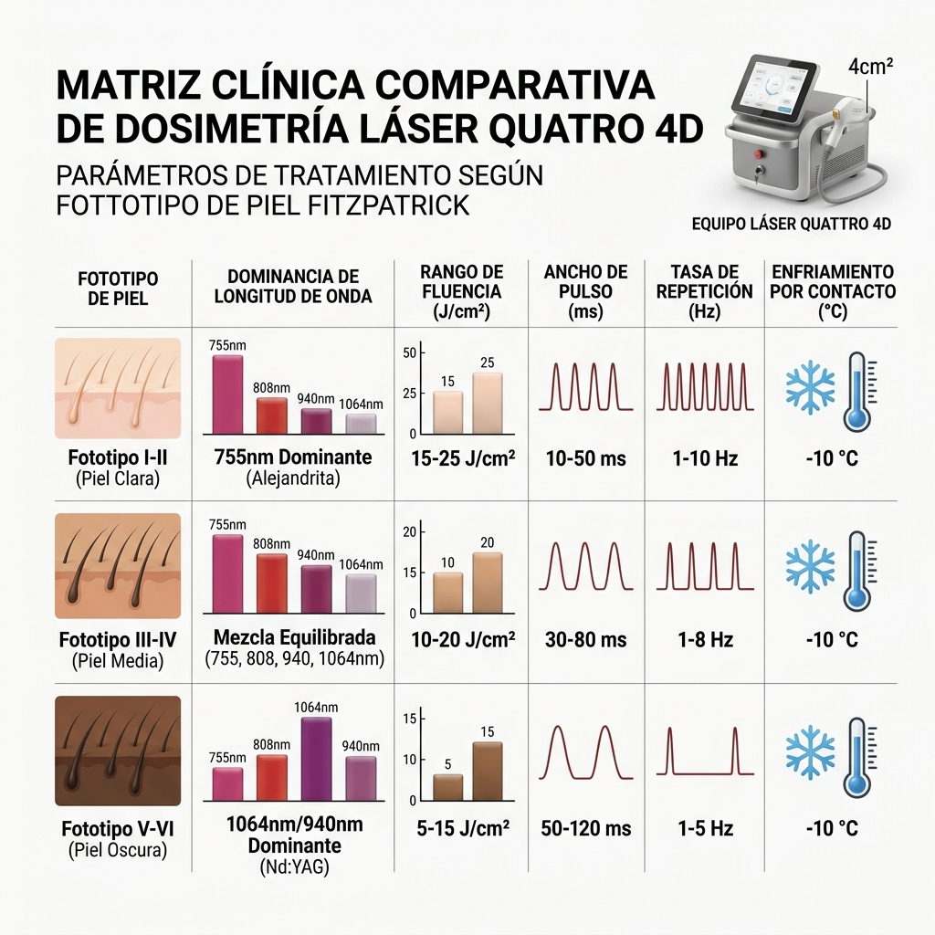Tabla comparativa visual y matriz dosimétrica por fototipos Fitzpatrick I-VI.