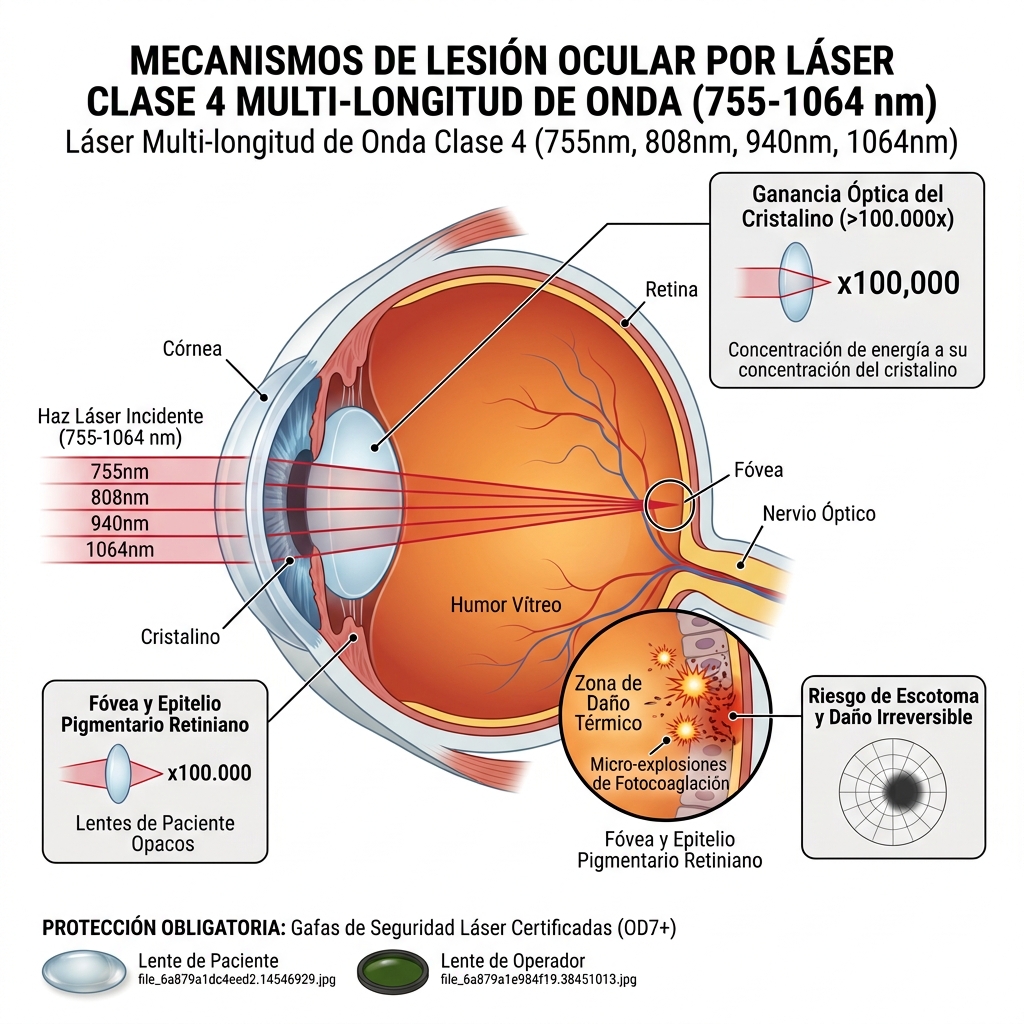 Diagrama del corte anatómico del ojo y el mecanismo de daño por láser Clase 4