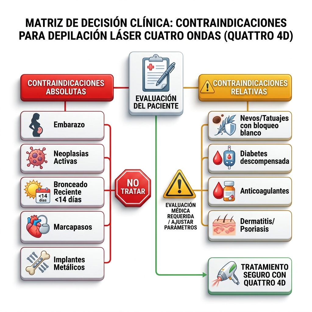 Esquema visual de clasificación de contraindicaciones absolutas y relativas