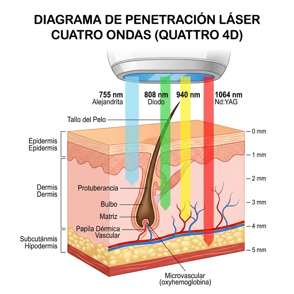 Diagrama biofísico de penetración cutánea y absorción cromófora de las 4 longitudes de onda ópticas (755nm, 808nm, 940nm y 1064nm) sobre el folículo piloso.