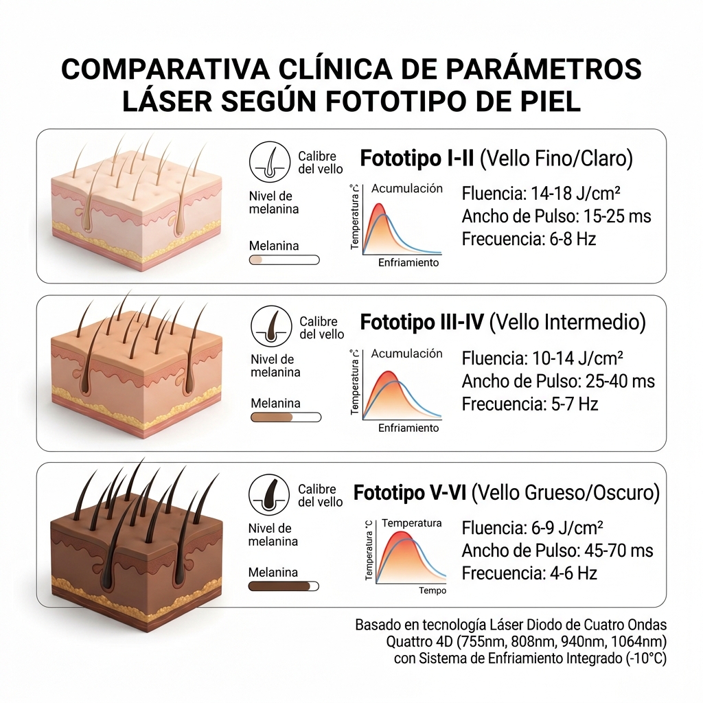 Infografía comparativa de dosimetría clínica por escala de fototipos Fitzpatrick (I a VI) y estructura folicular.