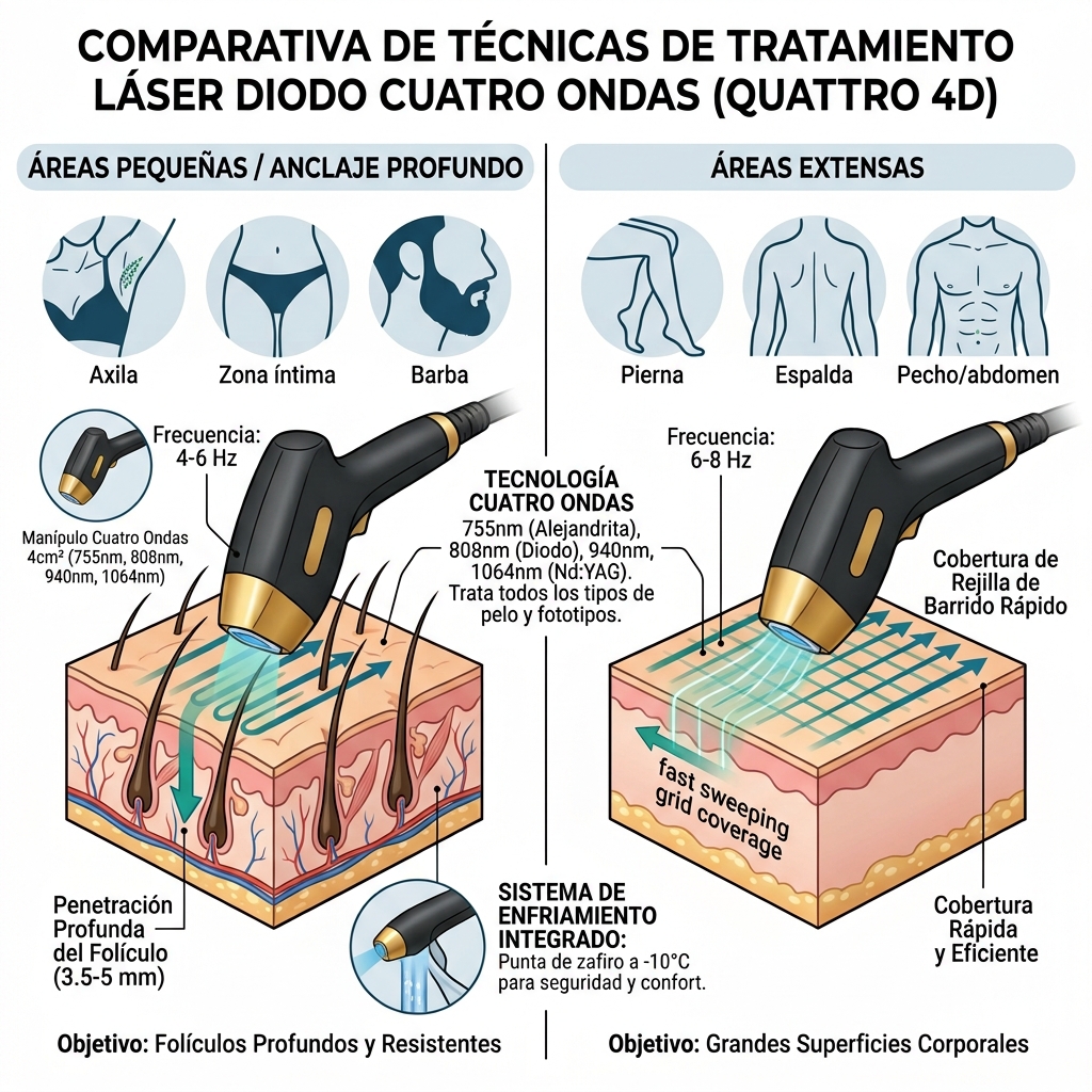 Diagrama anatómico comparando dosimetría y velocidad de barrido entre áreas pequeñas de raíz profunda vs áreas corporales extensas.