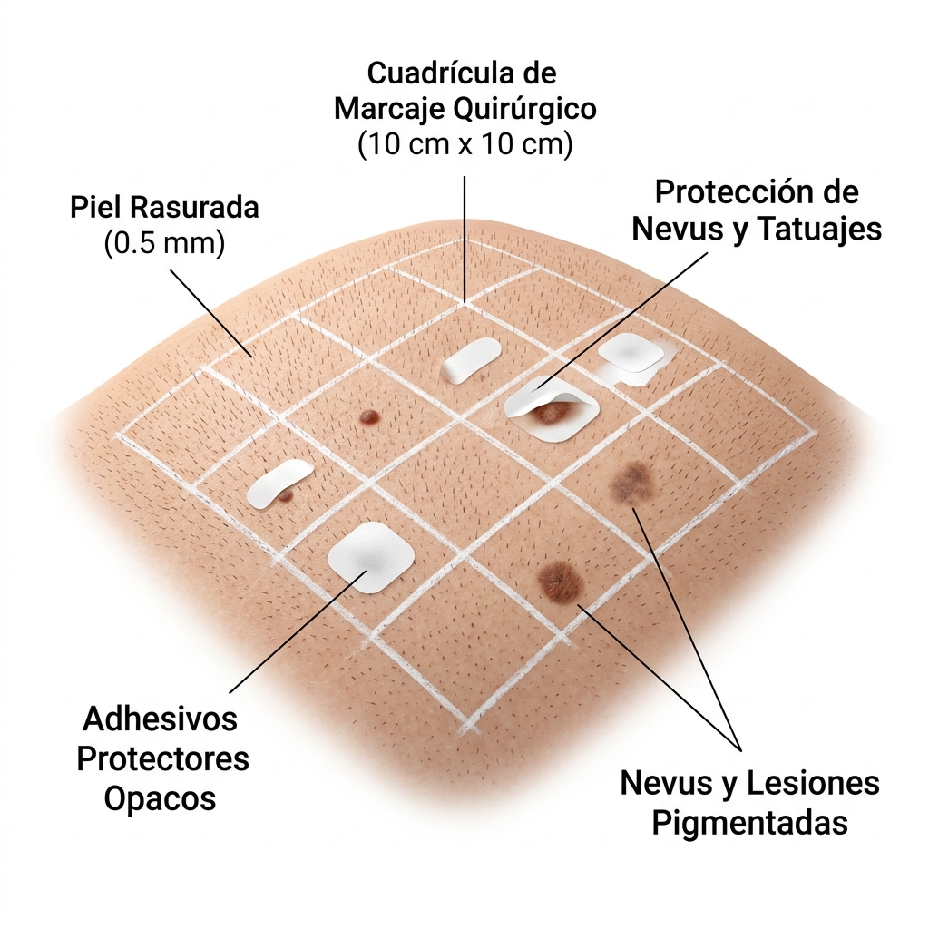 Guía ilustrada de preparación cutánea previa y delimitación en cuadrículas quirúrgicas de 10x10 cm con protección de lesiones pigmentadas.
