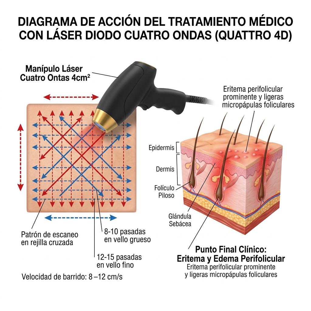Diagrama de barrido dinámico 'In-Motion' en rejilla cruzada y endpoint clínico de eritema y edema perifolicular.