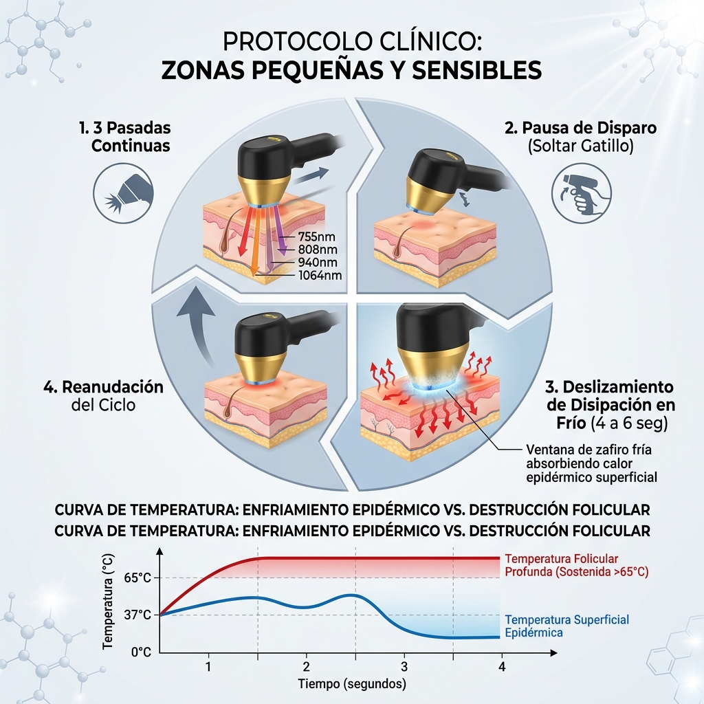 Esquema del ciclo de pausa programada y deslizamiento de disipación en frío con la ventana de zafiro a -10°C.
