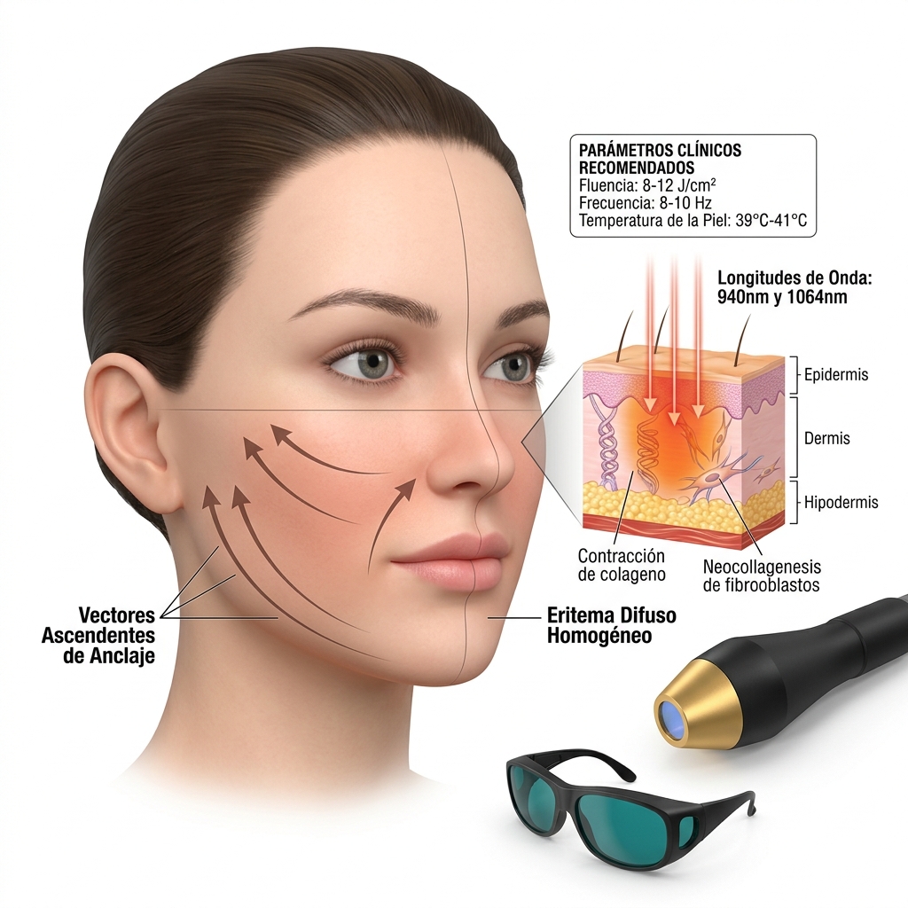 Mapa facial de vectores ascendentes de tensado cutáneo y neocologenogénesis para rejuvenecimiento.