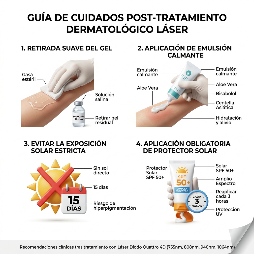 Guía visual de cuidados post-tratamiento inmediatos, aplicación de emulsión calmante y fotoprotección.
